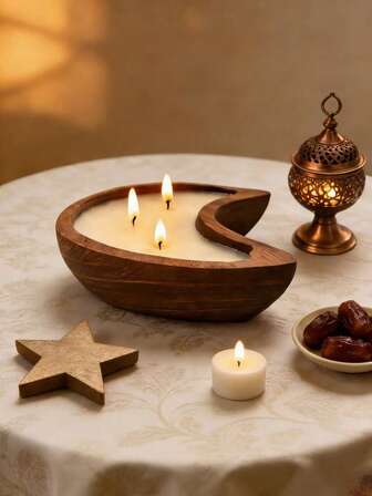 木质新月形香薰蜡烛，创意设计蜡烛，家居装饰蜡烛，开斋节蜡烛，斋月蜡烛，节日装饰，庆典蜡烛，生日礼物，纪念品，小礼物，特别适合斋月活动