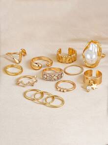 13pcs Set Rhinestone Imitation Pearl Irregular Shaped Open Rings, Elegant & Chic, Stackable Geometric Star Rings, Suitable For Women Daily, Dating, Beach Party, Vacation - Yellow Gold - View 1