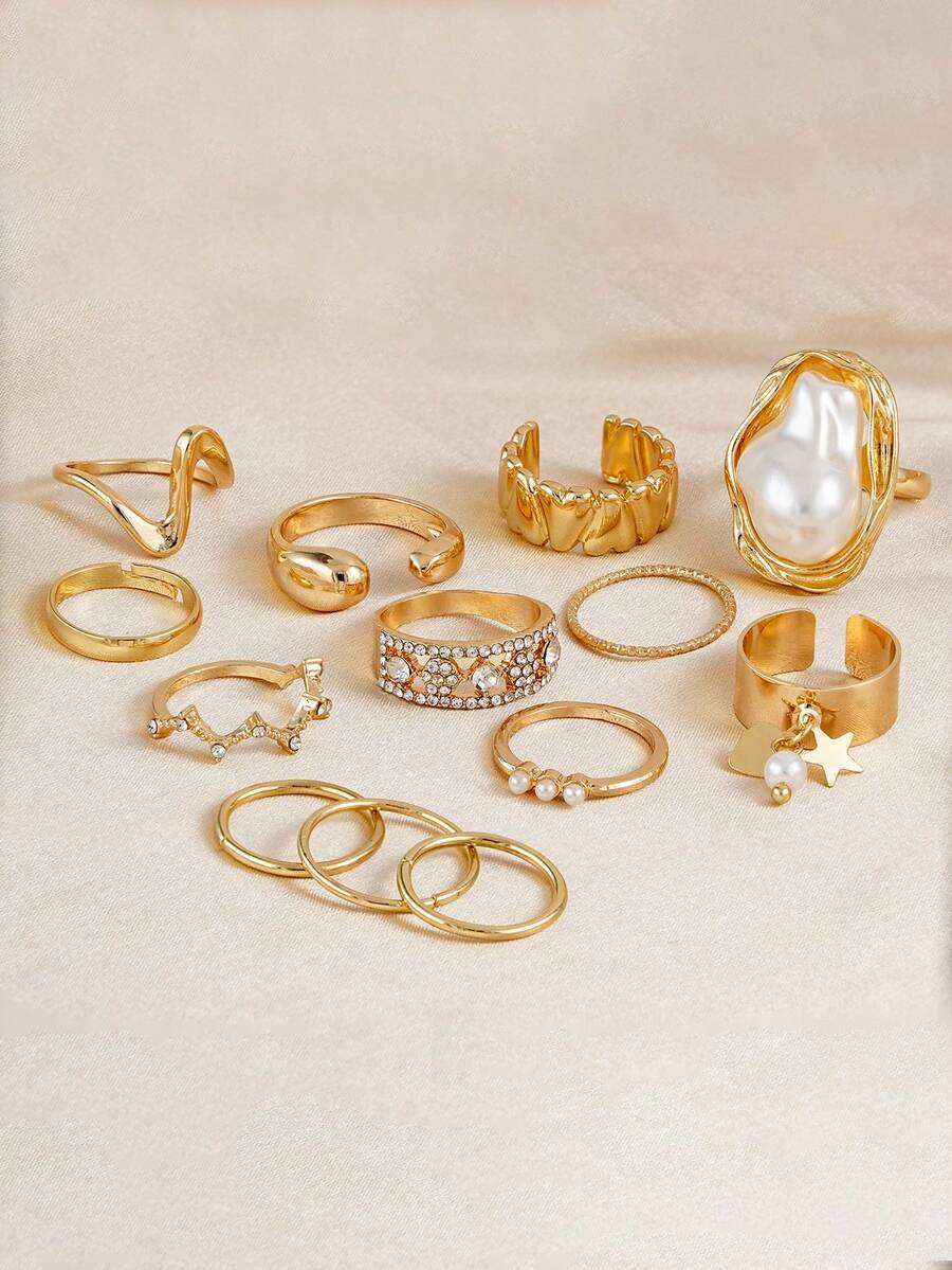 13pcs Set Rhinestone Imitation Pearl Irregular Shaped Open Rings, Elegant & Chic, Stackable Geometric Star Rings, Suitable For Women Daily, Dating, Beach Party, Vacation - Yellow Gold - View 1