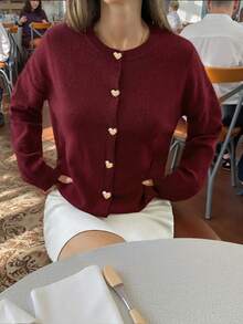 Women's Autumn/Winter New French Romantic Casual Versatile Minimalist Chic Heart Pattern Knit Cardigan Top - Burgundy - View 2