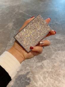 1pc Metal Business Card Holder, Shiny Rhinestone Embellished, Portable Large Capacity Card Case, Unisex Business Gift - Silver - View 5