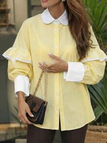 Nueva Camisa Casual de Manga Larga a Media Altura con Patchwork, Color Contrastante, Botones, Volantes y Rayas, Elegante y de Moda, Amarillo - Amarillo - Ver 2