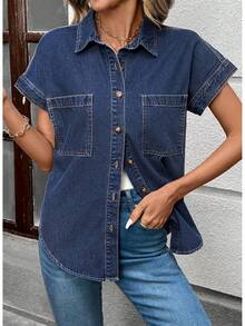 Women's Button Down Denim Shirt Collared Short Sleeve Jean Shirt Blouse With Pockets - màu xanh đậm - Xem 3