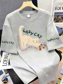 Summer Women's Tomato Cat Print Round Neck Short Sleeve T-Shirt - Light Grey - View 1