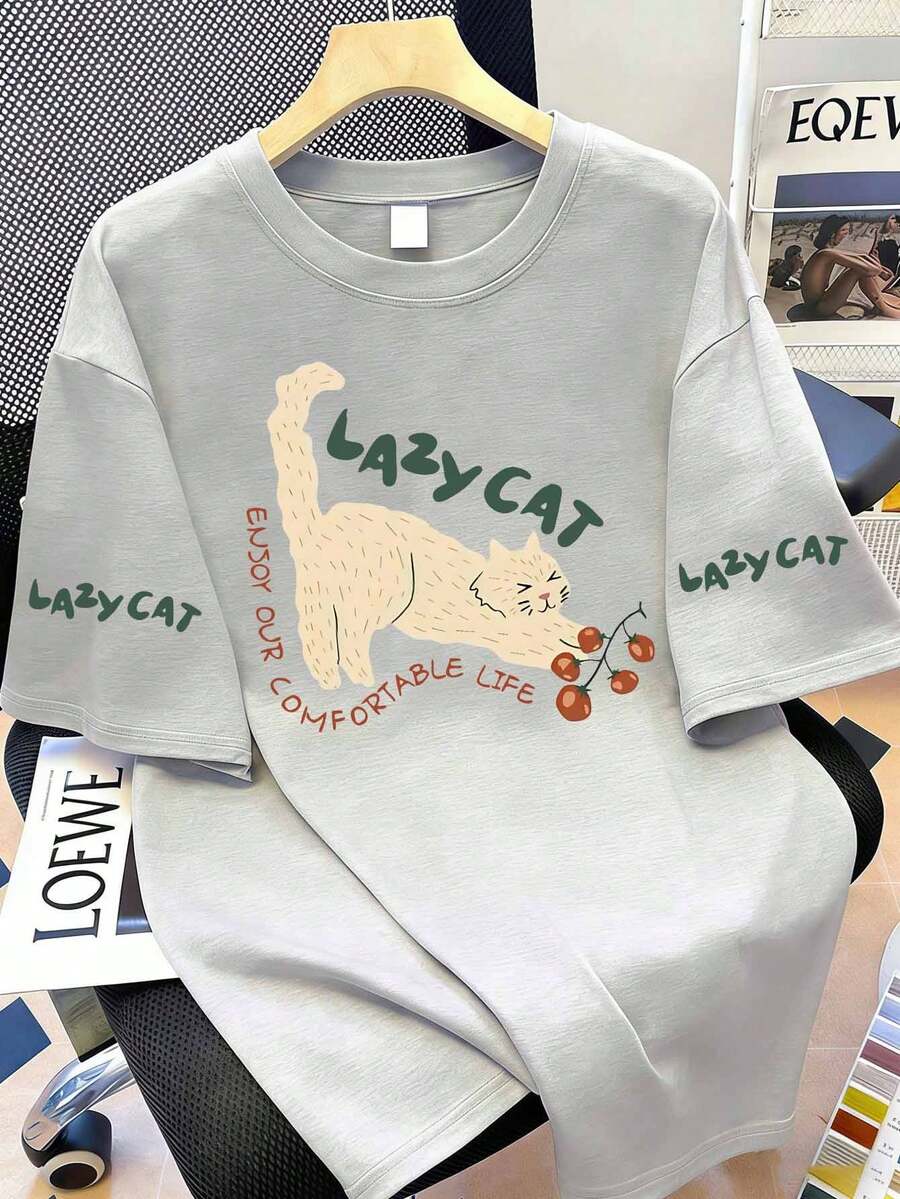 Summer Women's Tomato Cat Print Round Neck Short Sleeve T-Shirt - Light Grey - View 1