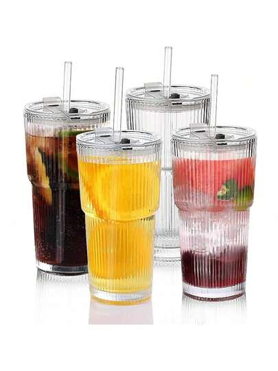 1pc,Striped Glass Cup With Straw And Lid - 20.29oz/600ml, Visually Appealing Glass Drinking Tumbler Suitable For Coffee, Tea, Milk, Iced Americano And Latte Drinks, Drinking Glass