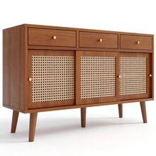 Sideboard, Chest Of Drawers With 3 Drawers And 3 Sliding Doors, Woven Rattan Door Fronts, Solid Wood Legs, Gold-Tone Metal Bar Handle, Adjustable Shelves, Walnut Color, 120 X 40 X 78 Cm - 自然色 - 查看 6