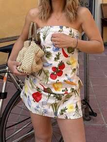 Just Masa 女士夏季休闲度假短款无肩带连衣裙，露背松紧腰修身水果蔬菜印花时尚可爱迷你连衣裙，适合海滩、度假、旅行、音乐节、约会、日常穿着，优雅时尚 - 杏色 - 查看 8