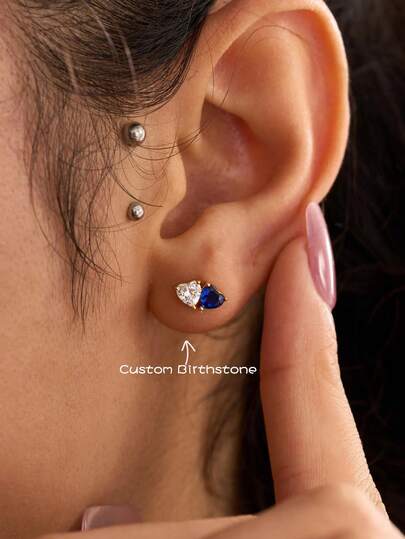 Custom Two Heart Zirconia Stud Earrings For Women Personalized Month Birthstone Stainless Steel Earrings Female Minimalist Customized Jewelry Daily Wear Valentine's Day Gifts