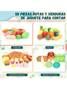 Comida De Juguete, 58 Pack Frutas y Verduras De Juguete Para Cortar, Juguetes Didacticos Montessori, Accesorios Con Cesta De La Compra, Mini Platos De Plástico y Cuchillo, Regalo Ideal Para 3+ Años,40841858 - Multicolor - Ver 5