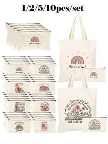 Lot de 5/2/1 sacs de rangement zippés en toile à motifs floraux et lecture, sacs d'emballage cadeau avec inscription motivante << Tu es génial(e) », parfaits pour la rentrée scolaire, les fêtes de remise de diplômes, les voyages, les anniversaires, la fête des professeurs, les cadeaux pour les camarades de classe, les amis, les étudiants et les enseignants. - Beige - Voir 2