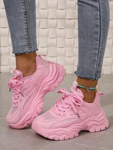 New Women Thick Sole Sneakers, Breathable Mesh Upper, Fashion Outdoor Flat Chunky Sneakers, Fuchsia - Pink - View 2