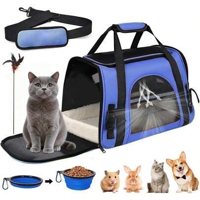 Bolsa Para Mascotas PequeñAs,Bolsa De Mascotas Plegable PortáTil,Incluye ArnéS, CojíN, Varita Para Gatos Y Cuenco Plegable-CargaáXima 10 Kg (22 LB) Para Gatitos,Razas PequeñAs (Azul)