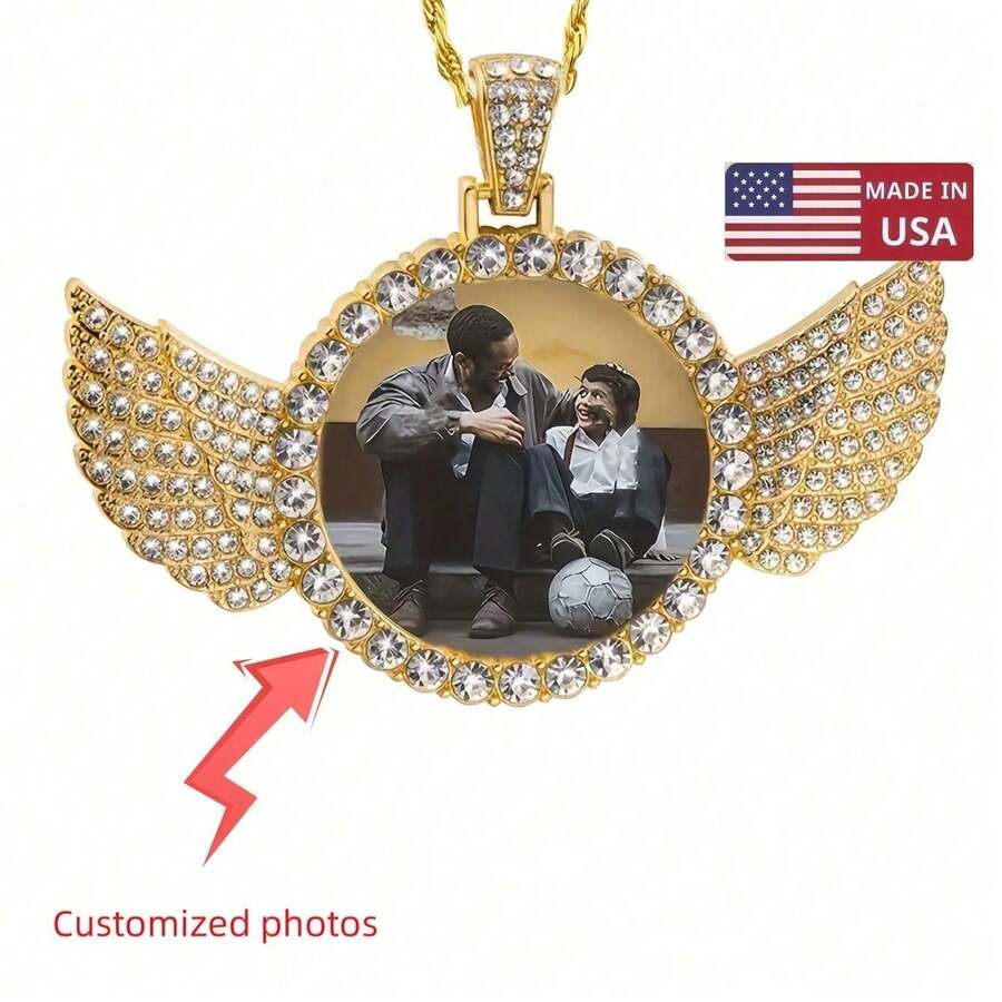 1 Custom Photo Round Necklace With Chain - Retro Boho Feng Shui Diamond Wing Pendant, Personalized Women's Jewelry Gift, Valentine's Day Gift, Casual Wear, Gold Metal Craft, Nostalgic Keepsake, Boho Style, Exquisite Handmade, Fashion Accessories - Nhiều màu - Xem 1