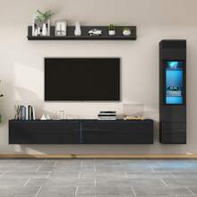 3-Piece TV Unit Set With LED Lighting, High-Gloss Black Living Room Furniture Set, Black Wall-Front Unit: 1 X TV Unit, 1 X Living Room Display Cabinet, 1 X Wall Shelf, Suitable For TVs Up To 80". - Black - View 1
