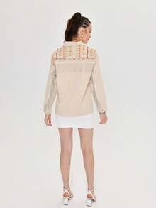 Everyday Gabardine Shirt With Embroidered And Tassel Details - Champagne - View 5