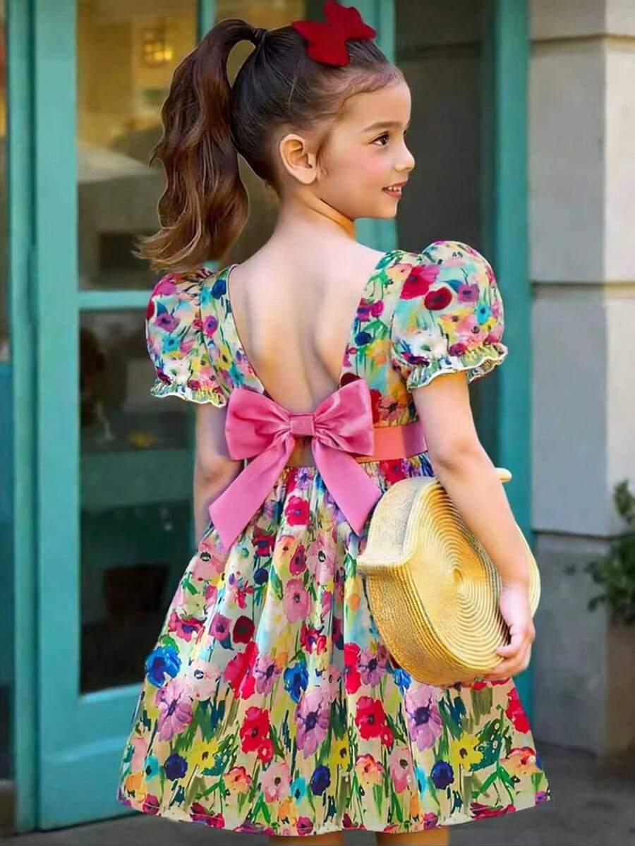 Đầm công chúa dễ thương, tay bồng họa tiết hoa cho bé gái, có nơ sau lưng, thích hợp mặc dự tiệc, tụ tập, mặc hàng ngày, hoạt động cha mẹ - con cái - Nhiều màu - Xem 1