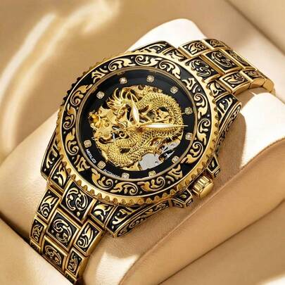 1件男士复古金色钢带高端优雅龙纹雕刻自动机械表，父亲节礼物