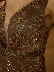 Mgiacy, Nuevo Lanzamiento, Tejido Marrón, Liso, con Lentejuelas, Vestido de Noche, PARA Fiesta de Graduación, Salón de Baile, Atuendos de Verano para Mujeres, Festival, Boda Floral - Marrón - Ver 9