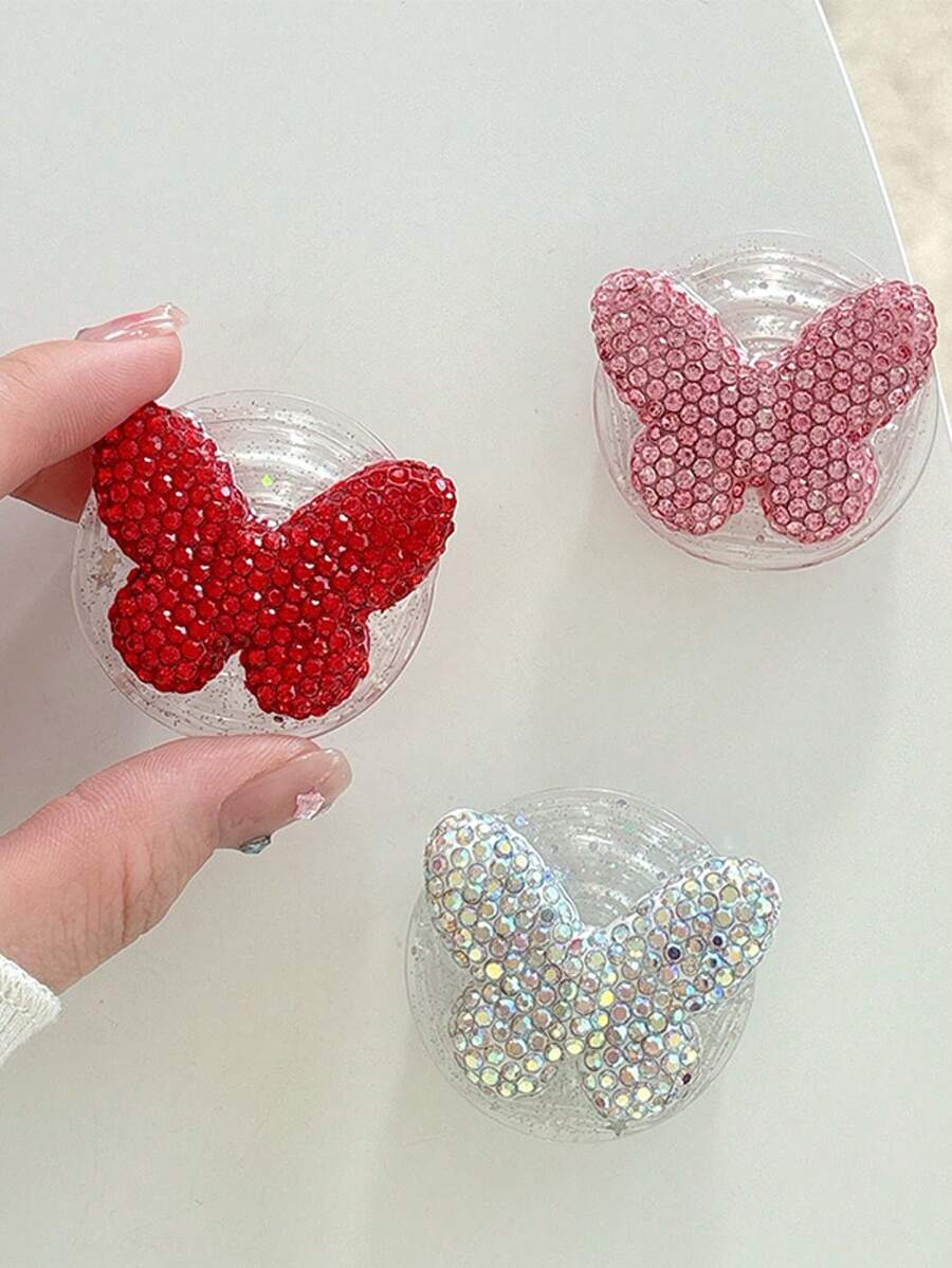 1pc Premium Butterfly Rhinestone Phone Holder, Diamond Butterfly Expandable Air Cushion Phone Stand, Adhesive Mount - Multicolor - View 1