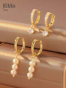 Hihho 4pcs Set Luxurious Gold Plated Pearl & Cubic Zirconia Pendant Earrings - Ideal For Daily Wear, Banquet, Party, Wedding - Bridal Pearl Earrings, Elegant Bridal Jewelry, Suitable For Women (Asymmetrical Pearl Is A Normal Phenomenon) - Stacking Earrings - View 7