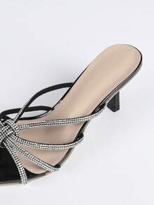Damen elegante schwarze Mule High Heel Sandalen mit rundem Zehenbereich, funkelnder Strass-Dekoration offener Zehenbereich High Heels, schmale Stilettos für täglichen Sommertragen, Hochzeitsparty Brautschuhe - Schwarz - Übersicht 8