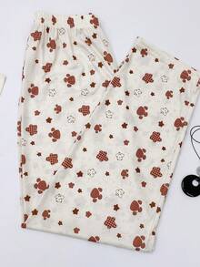 1pc Women's Cute Printed Sleepwear Bottoms, Flowy & Comfortable Silk-Like Straight Leg Pants, Loungewear - Beige - View 1