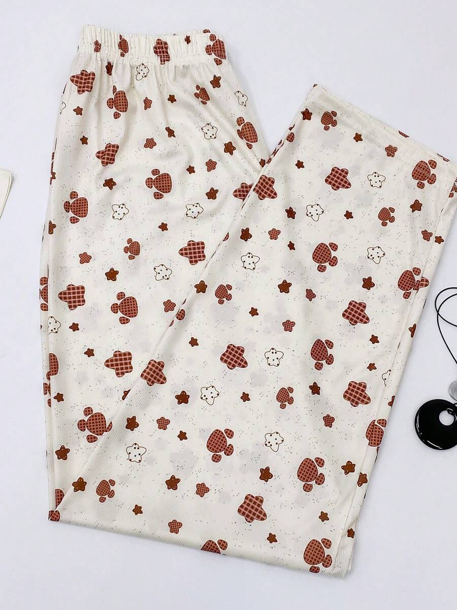 1pc Women's Cute Printed Sleepwear Bottoms, Flowy & Comfortable Silk-Like Straight Leg Pants, Loungewear - Beige - View 1