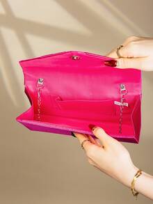 Tas Clutch Malam Berhiaskan Satin Modis, Tas Selempang Model Amplop - Hot Pink - View 6