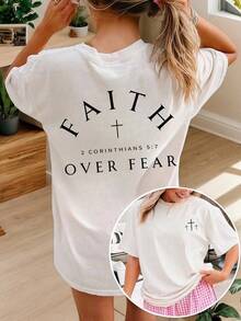 "Faith Over Fear" Summer Tops - Women's Bible Verse T-Shirt, Regular Fit, Christian Inspirational Graphic Tee, Comfortable, Casual Short Sleeve Tops 2026, Stylish Summer Clothing With Scoop Neck. - White - View 6
