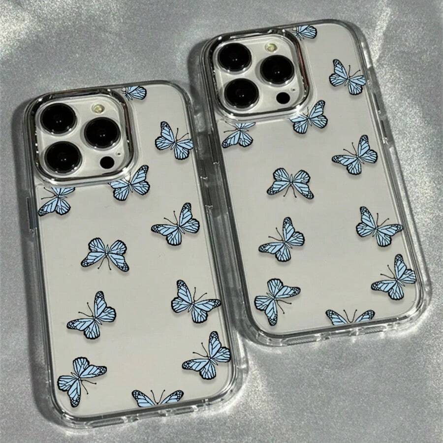 1pc Blue Butterfly Pattern Transparent Frame High-End TPU Shockproof Fashionable Phone Case Suitable For IPhone11/12/13/14pro/15pro/16/17promax/7/8/XS/XR - Multicolor - View 1