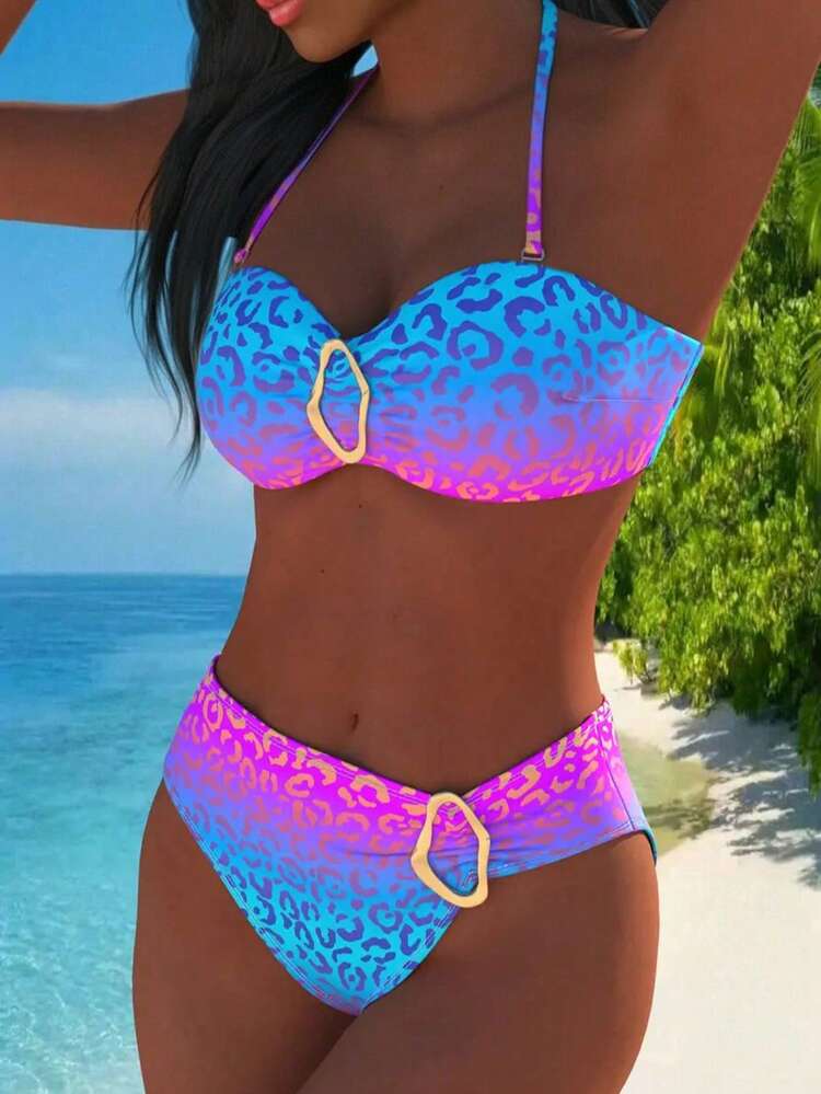 Ensemble de bikini 2 pièces avec Top sans dos imprimé léopard dégradé et bas triangle, pour les vacances et la plage en été - Multicolore - Voir 5