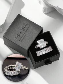 Gift Box Set Luxury Super Shiny Cubic Zirconia Square Diamond Ring Set, High-End Jewelry For Women Party & Banquet, Copper Material Non-Fading & Hypoallergenic, Ideal Holiday Gift - Silver - View 12