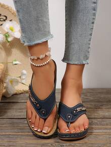 女士进口缝线金属扣坡跟人字拖，厚底镂空沙滩拖鞋，大码坡跟厚底凉鞋 - 藏蓝色 - 查看 6