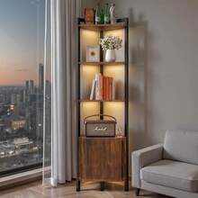 Garselay Estante Esquinero con Puertas y Luz LED, Librero de 5 Niveles con Estantes, Organizador de Estantes de 1.6m de Alto, Ideal para Esquinero para Sala, Dormitorio, Oficina y Cocina - Marrón - Marrón - Ver 5