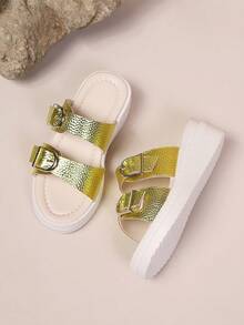 1双女童金色细带简约时尚坡跟凉鞋，适合海滩主题，适合大童 - 金色 - 查看 3