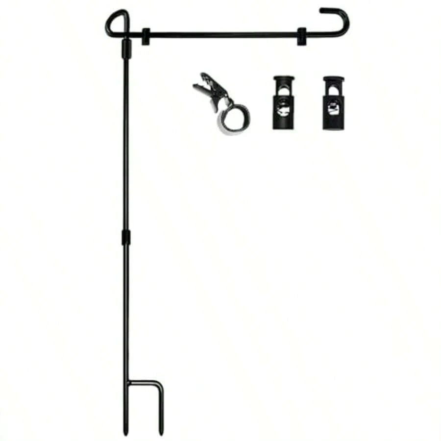 Garden Flag Pole Stand Holder  Flg Stnd Wrought  Yrd  Flg Pole Holder Metl Powder-Of Pint With Two  Stoppers Nd One Tiger Clip Ck - 黑色 - 查看 1