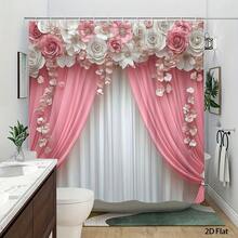 1Pc 2D Flat Elegant Floral Shower Curtain, With 12 Hooks, Soft Pink And White Roses With Flowing Drapes And Subtle Texture, Romantic And Feminine Aesthetic, Shower Curtain Bathroom Decor, Perfect For Window And Wall, Bathtub, Bathroom Home Decor - Kiểu 1 - Xem 4