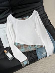 女士休闲白色长袖T恤，春夏新款，独特格子拼接不对称肩部设计 - 白色 - 查看 7
