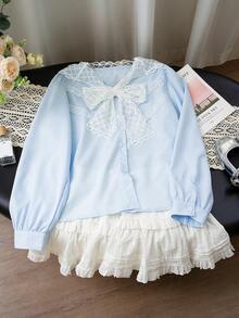 法式蕾丝边饰藏蓝色翻领女式衬衫，春夏款，宽松版型，显瘦，长袖休闲上衣 - 藍色 - 查看 5
