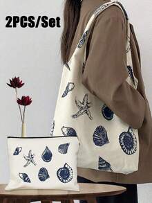 1pc Large-Capacity And Cute Canvas Bag, Simple Shoulder And Hand-Held Printed Canvas Bag, Featuring Seashell And Starfish Patterns. It Can Be Used As A Cosmetic Bag, A Multi-Functional Storage Bag, A Cute Large-Capacity Student School Bag - Multicolor - View 1