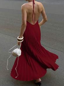 2026 Frühling/Sommer Neue modische elegante Casual Pendler Alltag Urlaub Reise Tee Party Rückenfreies Plissee Kleid, geeignet für Valentinstag, Party, Neujahr - Bordeaux - Übersicht 4