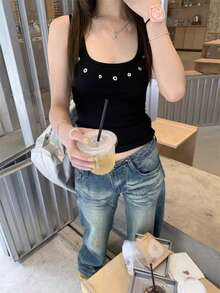 Women's Minimalist Design Fitted Sleeveless Knit Tank Top, Summer - Black - View 4