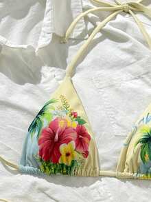 新款柔软加垫印花挂脖系带优雅派对比基尼套装，女士夏季沙滩时尚泳装 - 黃色 - 查看 6