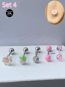 5pcs/Set Cute Sweet Pink Tongue Rings Flower Butterfly Bear Tongue Nail 14G Stainless Steel Star Heart Tongue Stud Tongue Jewelry Strawberry Tongue Barbell Ring Skull Tongue Piercing Jewelry For Women Girls Valentine's Day Gift Party Vacation Daily Wear Piercing Body Jewelry - Pink - View 6