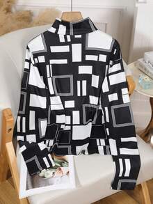 女士T恤，几何图案，优雅复古，时尚长袖高领，不对称领口，常规款上衣，日常印花，层叠设计，黑色、粉色、蓝色、紫色、绿色可选，春秋冬休闲款 - 黑與白 - 查看 2