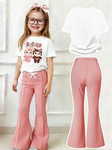 Toddler Girls' Cartoon Print Round Neck Short Sleeve Top And Flare Pants Set - White - View 2