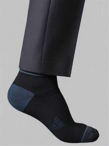 1 Pair Men's Socks, Spring/Autumn, Gentleman Business Style, Blue Striped & Black Jacquard Pattern, Reinforced Sole, Mid-Calf Length - Grey - View 4