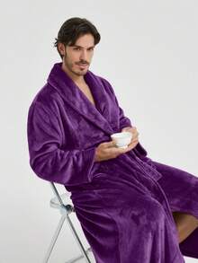 1pc Flannel Couple Robe, Loose Fit, Soft, Dual Pockets, Crew Neck, Warm Lining, Suitable For Home Wear, Spring/Autumn/Winter - Purple - View 2