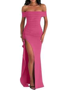 Women's Off-Shoulder Bodycon Dress - Sleeveless, High Split & Ruched For Formal Evening - Rose - View 1